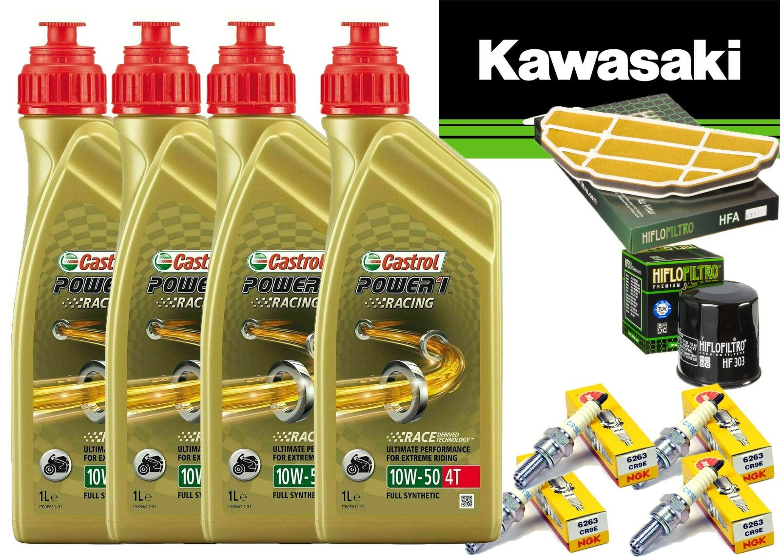 KIT TAGLIANDO KAWASAKI ZX 600  98/01CASTROL 10W50 RACING FILTRO OLIO ARIA CANDE