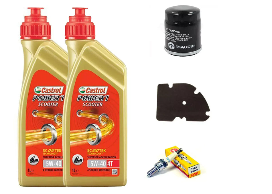 KIT/TAGLIANDO PIAGGIO MP3 I.E. 125 CASTROL POWER 1 5W40 FILTRO OLIO ARIA CANDELA