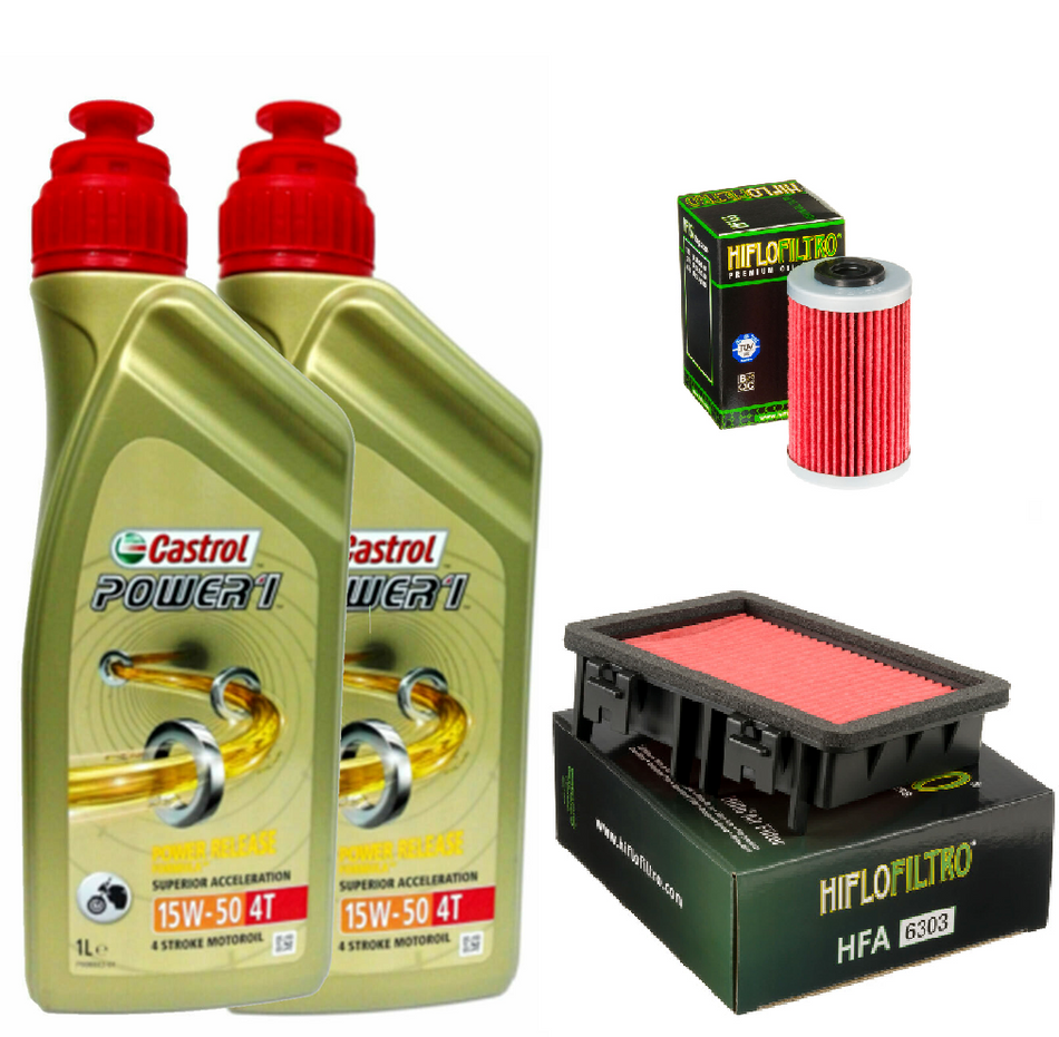 KIT/TAGLIANDO KTM DUKE 200 390 2020 2024 CASTROL 15W50 FILTRI ARIA E OLIO HIFLO