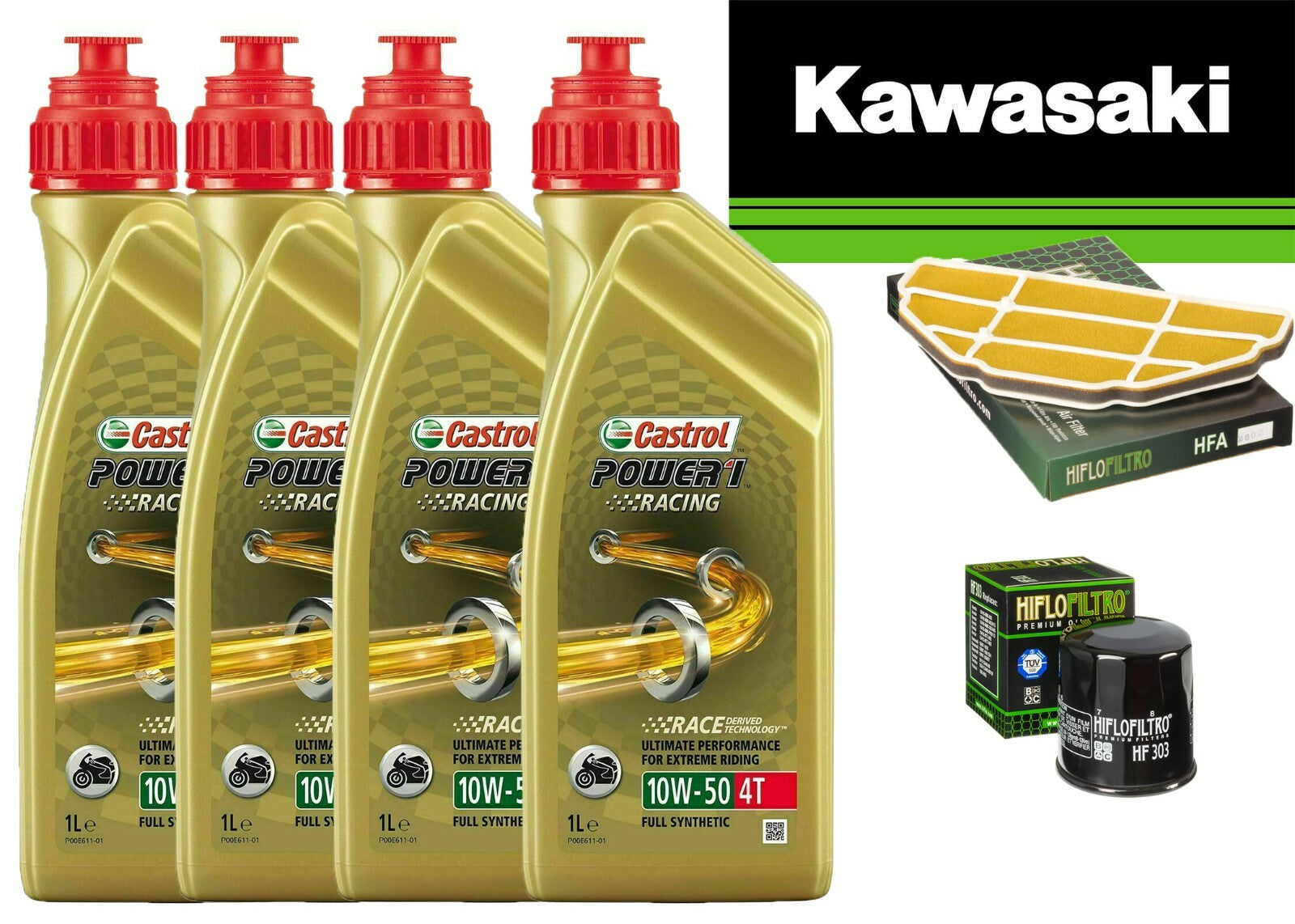 KIT TAGLIANDO KAWASAKI ZX 600  98/01CASTROL 10W50 RACING FILTRO OLIO ARIA HIFLO 